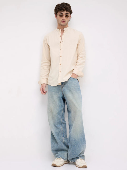 Bisque Beige Seersucker Striped Mandarin Shirt