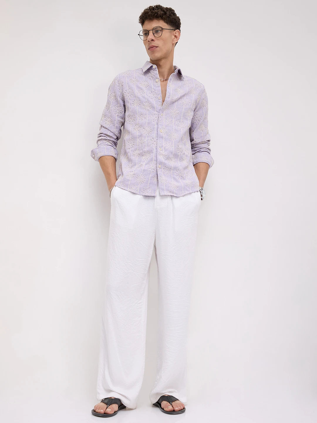 Soft Lilac Floral Embroidered Slub Shirt