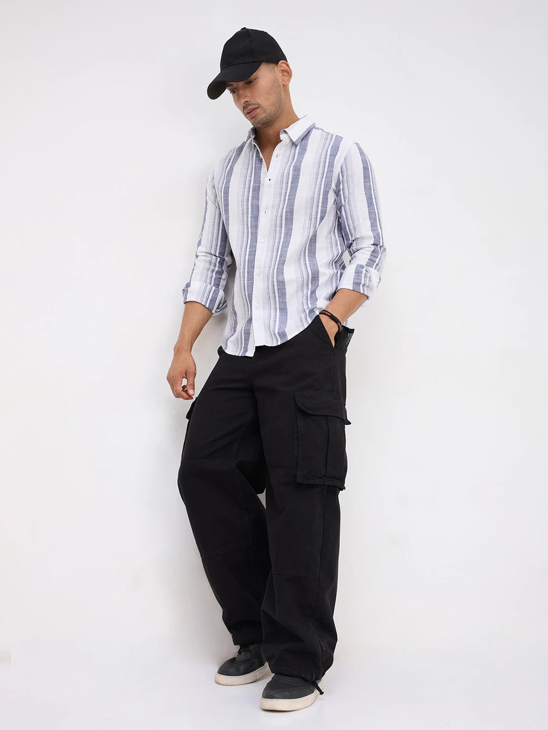 White & Navy Broad Striped Shirt