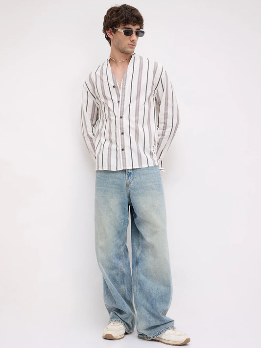 White Intricate Motif Contrast Striped Stand Collar Oversized Shirt