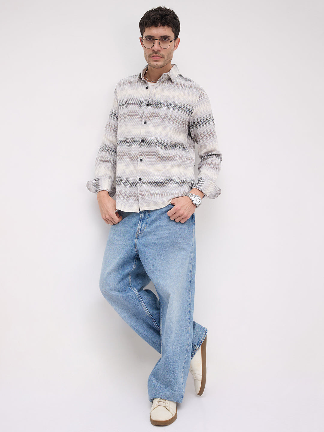 Grey Jacquard Wave Pattern Striped Shirt