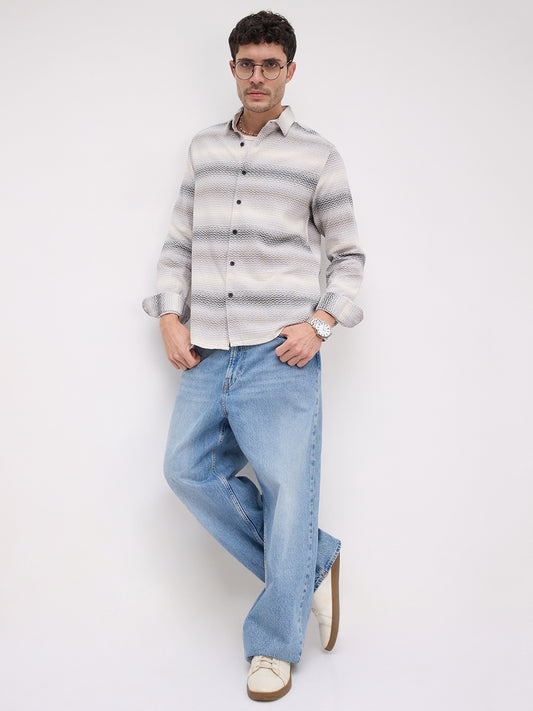 Grey Jacquard Wave Pattern Striped Shirt