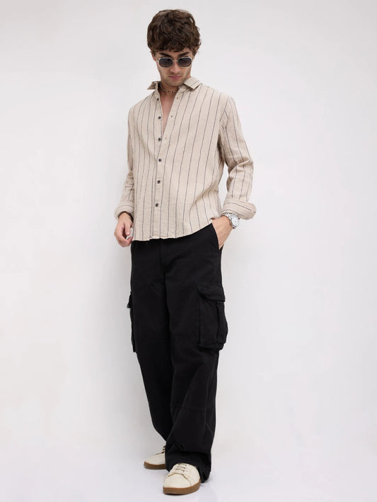 Intricate Beige & Navy Raised Striped Shirt