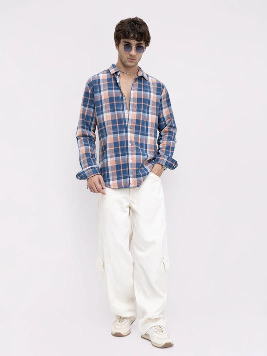 Denim Blue & Pink Multi Line Block Checks Shirt