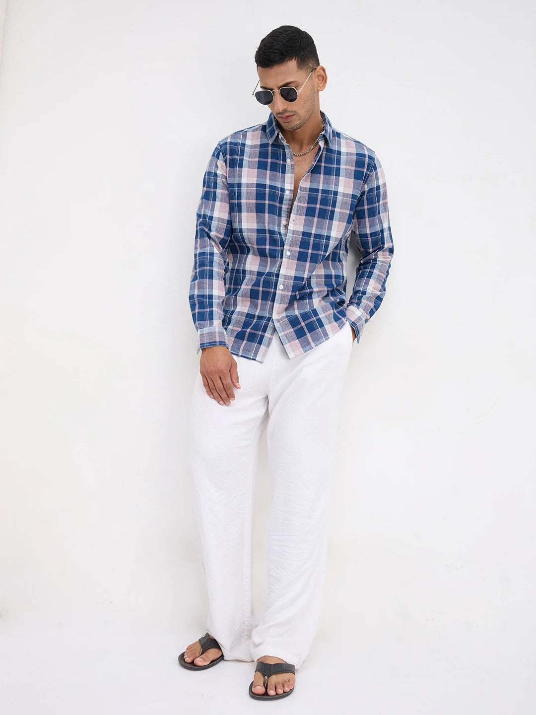 Denim Blue & Peach Multi Line Block Checks Shirt