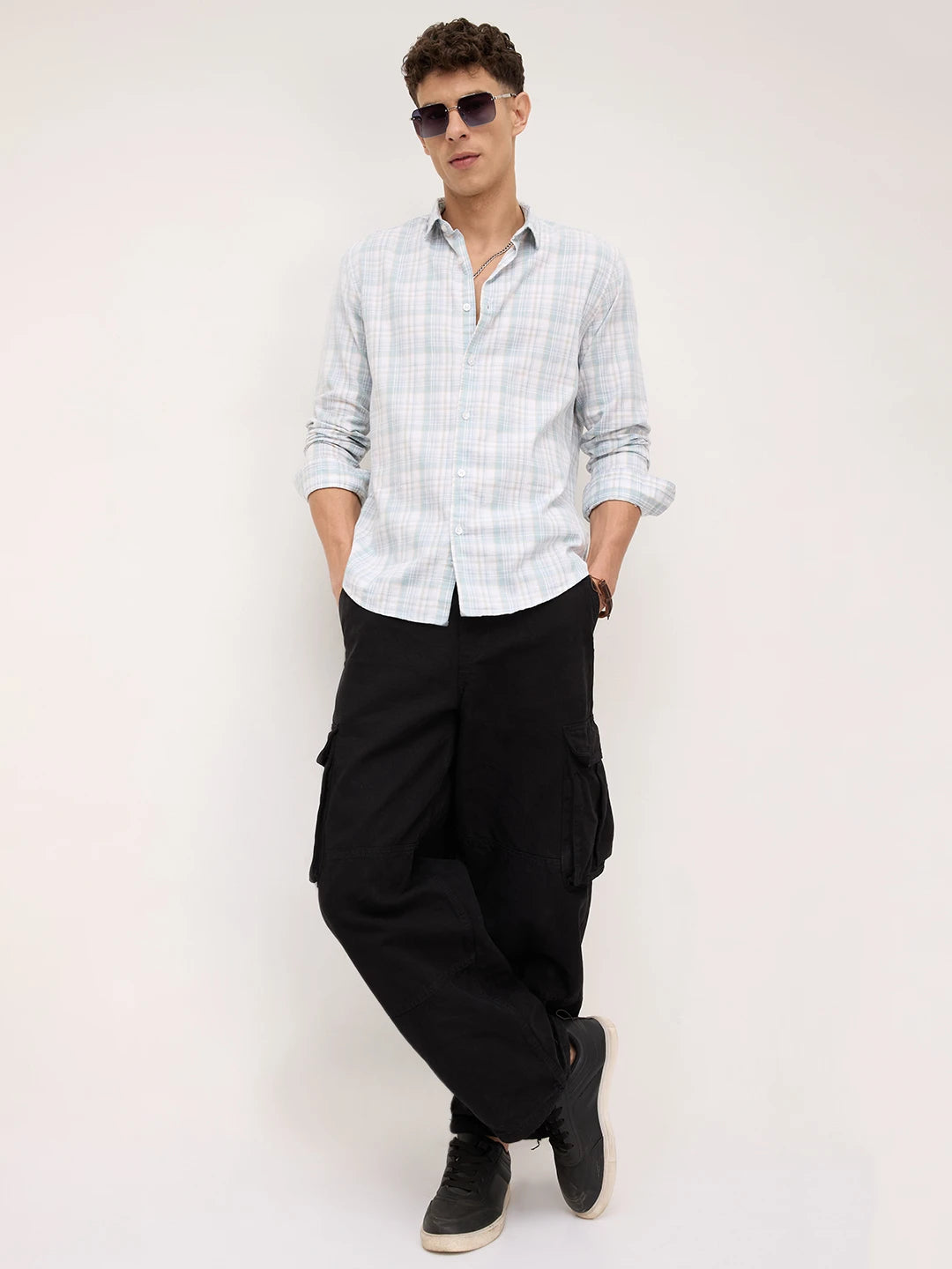 Washed Sage Green Fine Line Grid Checks Shirt