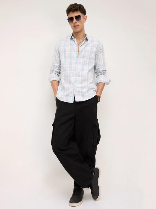 Washed Sage Green Fine Line Grid Checks Shirt