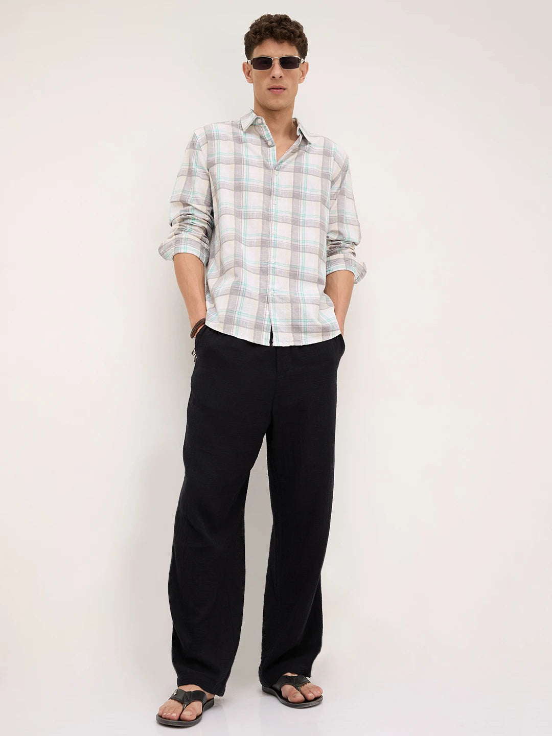Premium Pastel Green & Grey Plaid Checks Textured Shirt