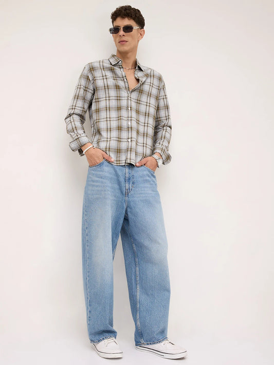 Olive & Grey Fine Striped Plaid Checks Shirt