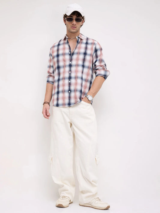 Premium Navy & Pink Textured Plaid Checks Shirt