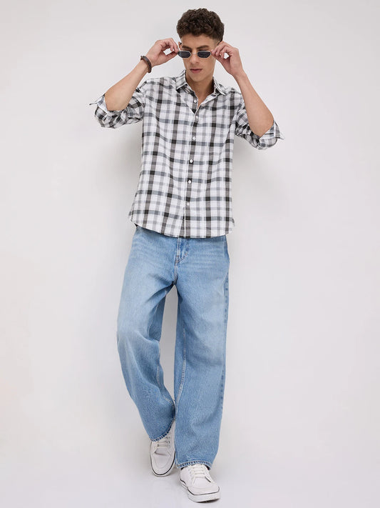 Premium White & Grey Plaid Checks Textured Shirt