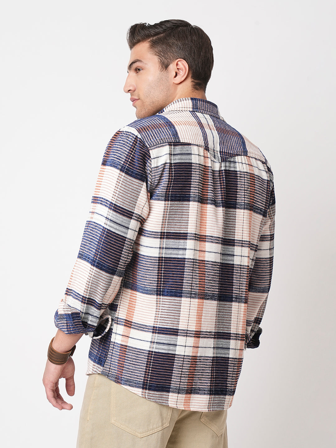 Navy Horizontal Stripes Double Flap Pocket Corduroy Shirt