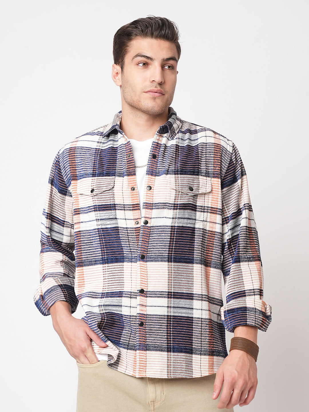 Navy Horizontal Stripes Double Flap Pocket Corduroy Shirt
