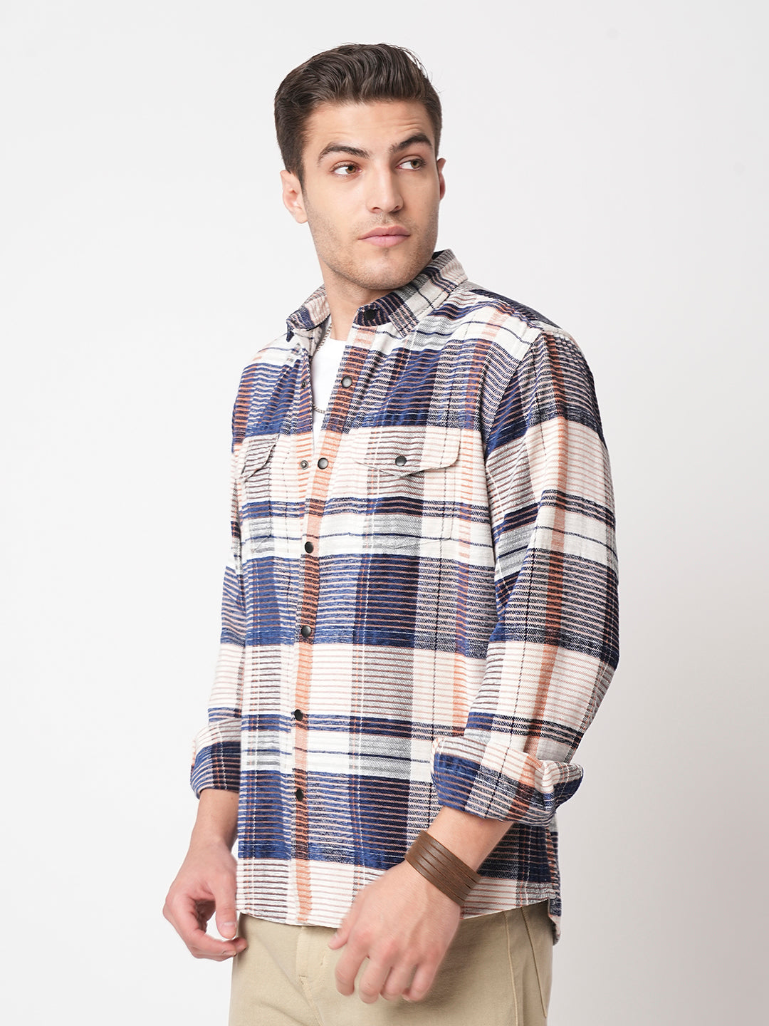 Navy Horizontal Stripes Double Flap Pocket Corduroy Shirt