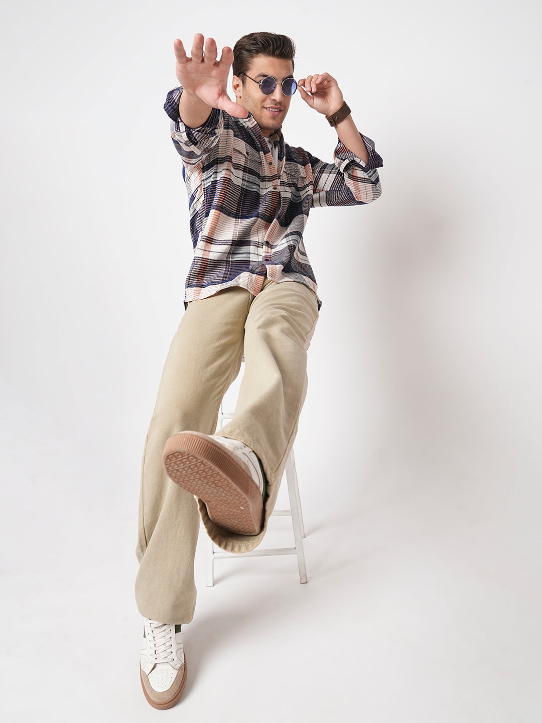 Navy Horizontal Stripes Double Flap Pocket Corduroy Shirt