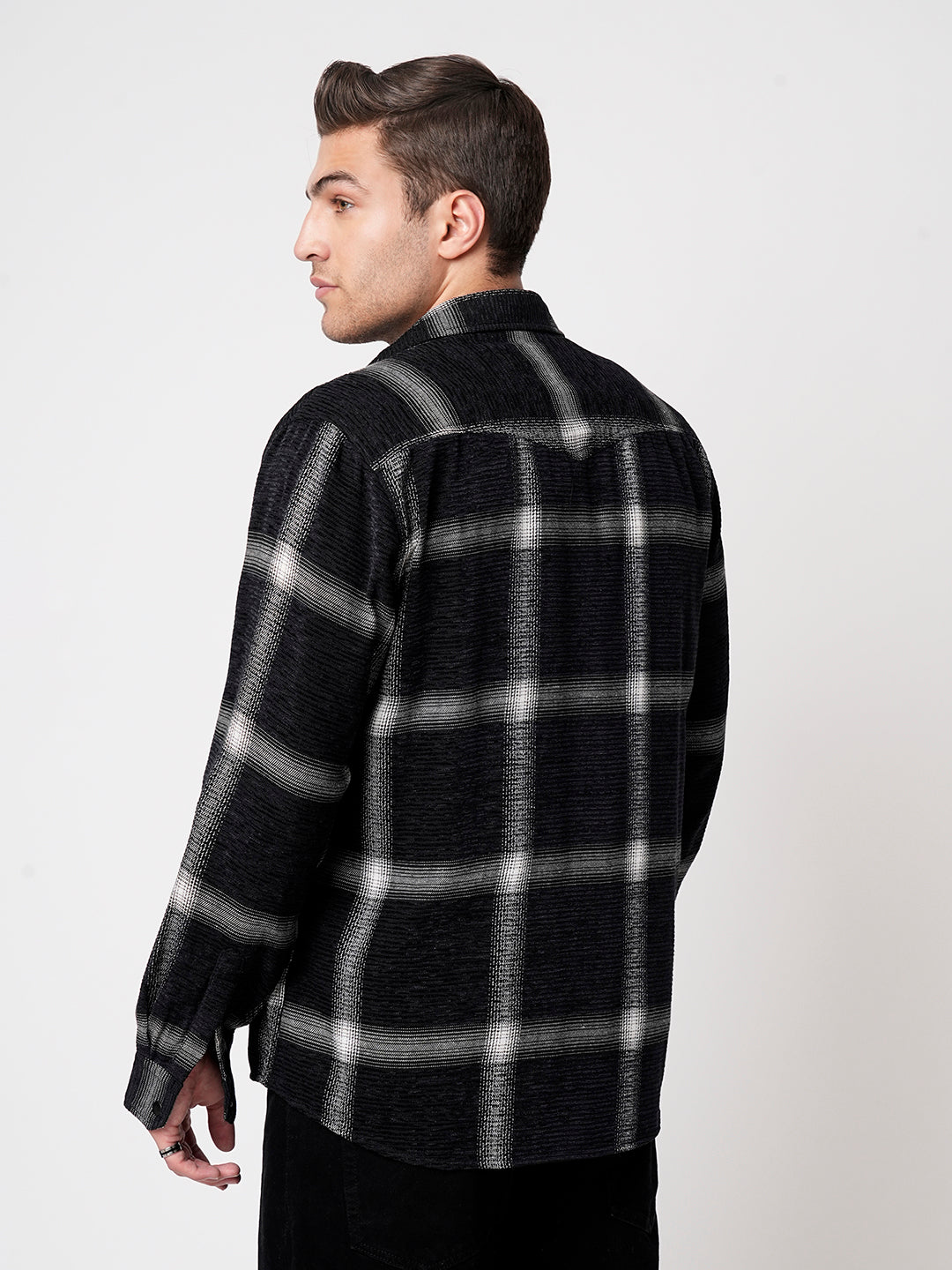 Black & White Broad Checks Double Flap Pocket Corduroy Shirt