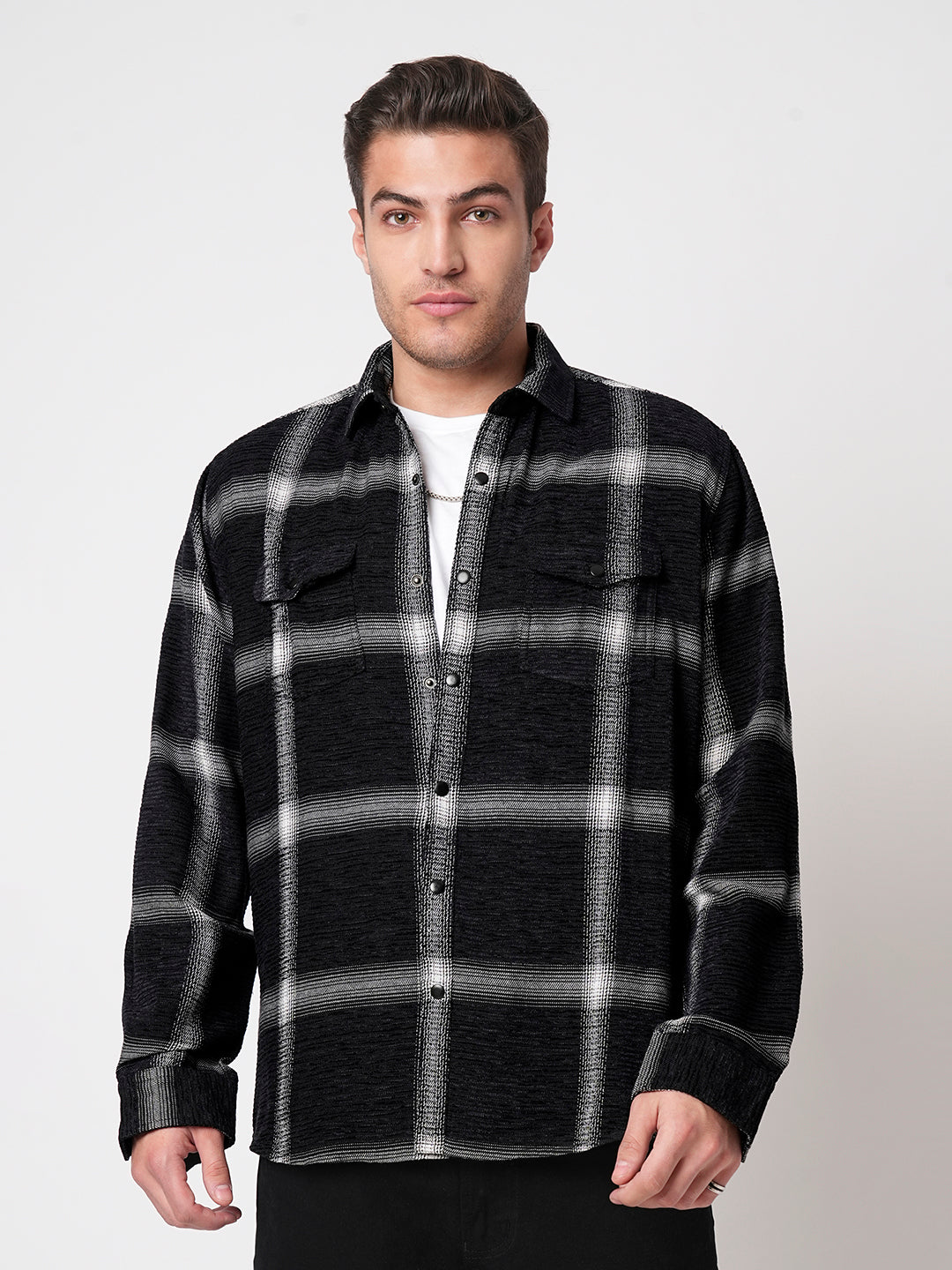Black & White Broad Checks Double Flap Pocket Corduroy Shirt