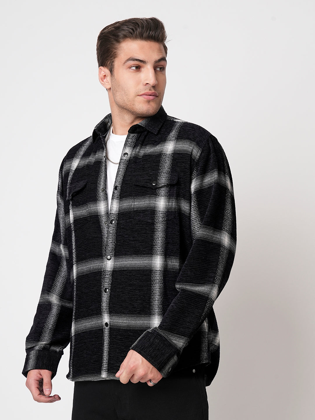 Black & White Broad Checks Double Flap Pocket Corduroy Shirt