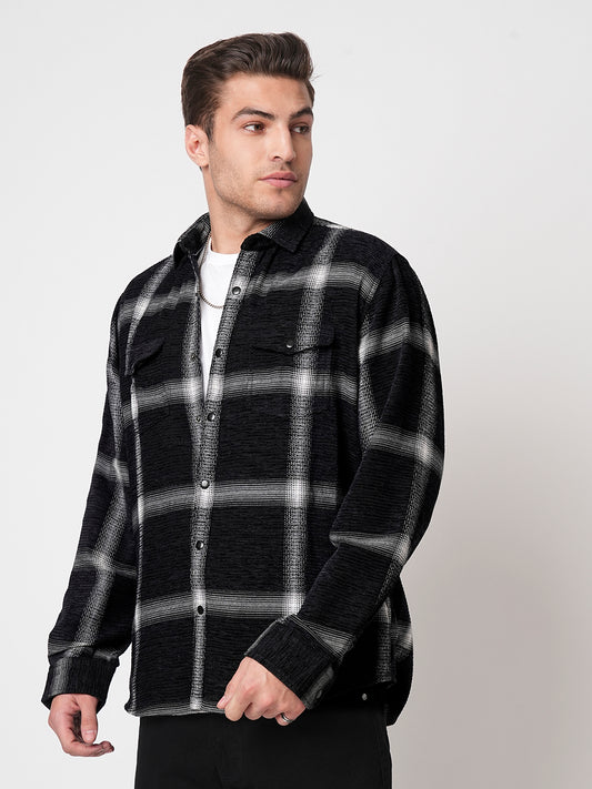 Black & White Broad Checks Double Flap Pocket Corduroy Shirt