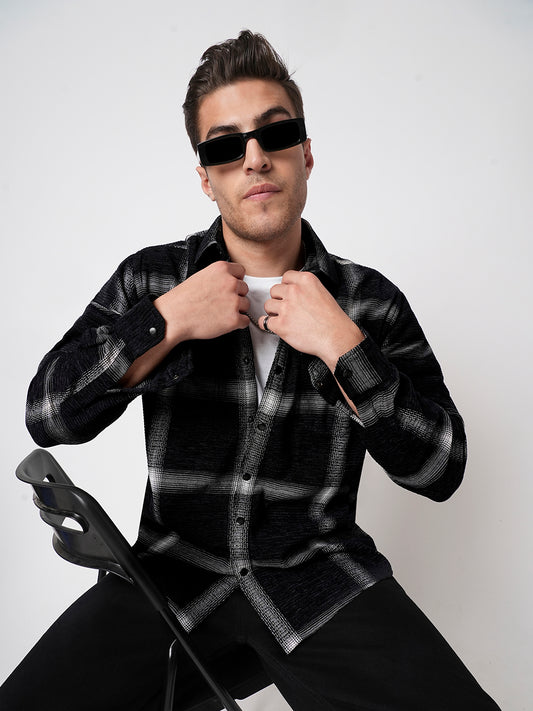 Black & White Broad Checks Double Flap Pocket Corduroy Shirt