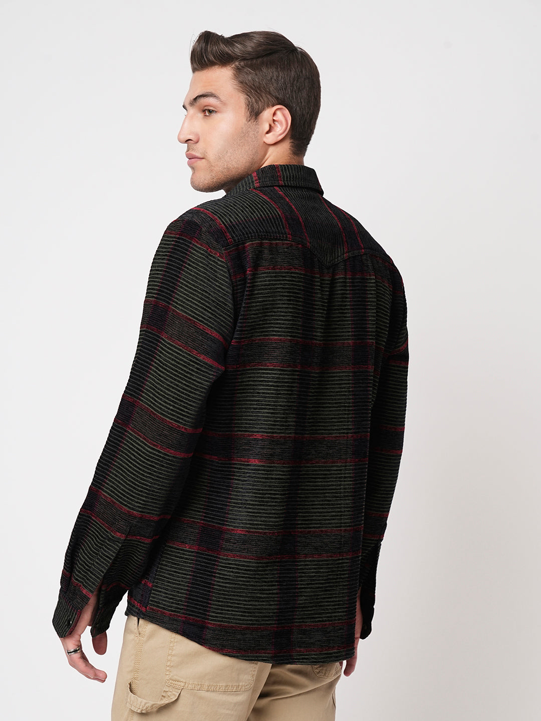 Forest Green Checks Double Flap Pocket Corduroy Shirt