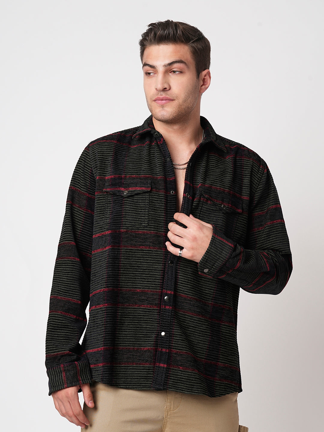 Forest Green Checks Double Flap Pocket Corduroy Shirt