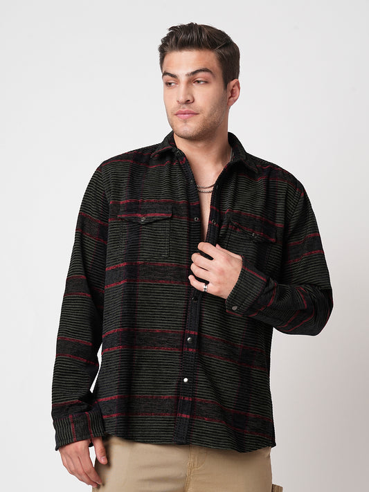 Forest Green Checks Double Flap Pocket Corduroy Shirt