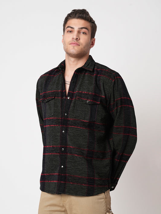Forest Green Checks Double Flap Pocket Corduroy Shirt