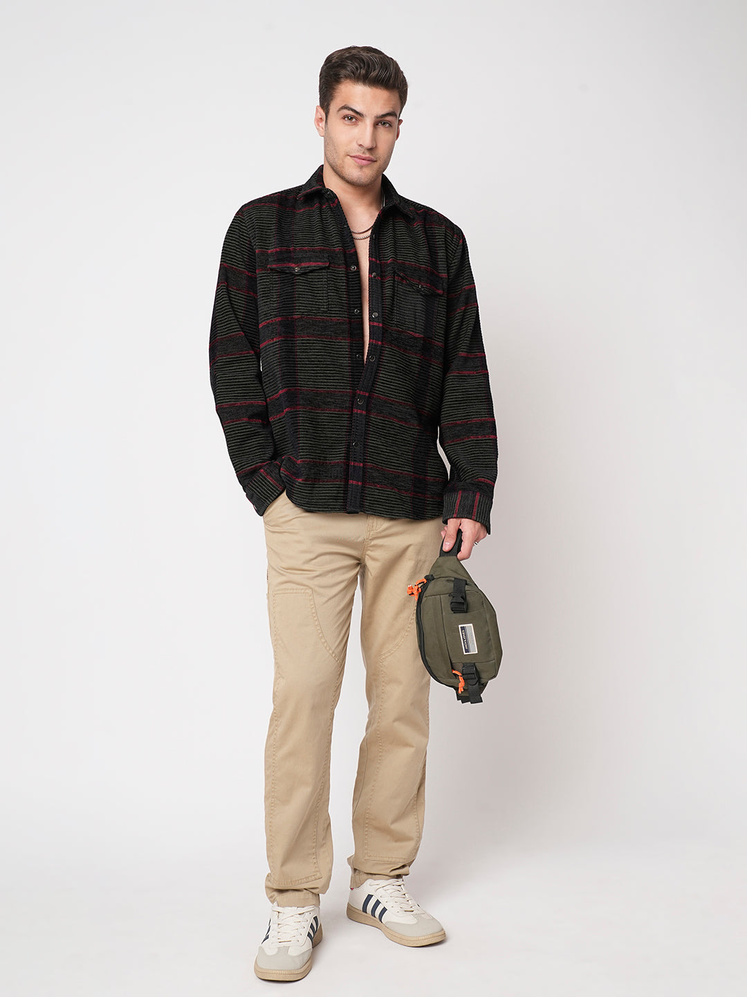 Forest Green Checks Double Flap Pocket Corduroy Shirt