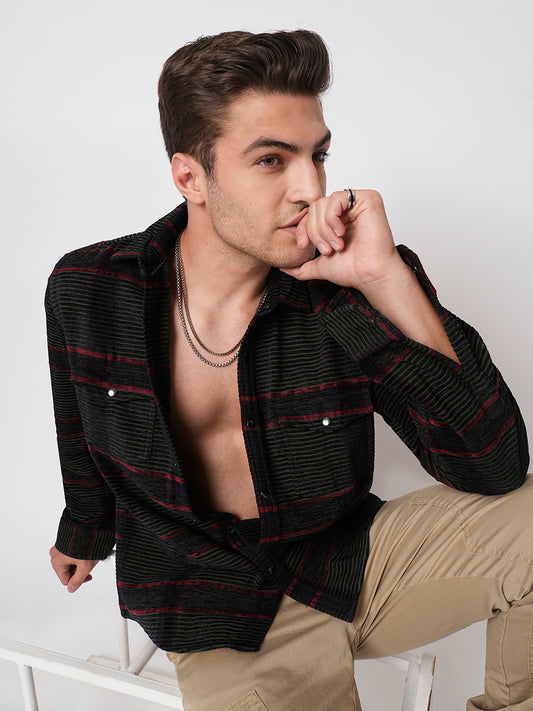 Forest Green Checks Double Flap Pocket Corduroy Shirt