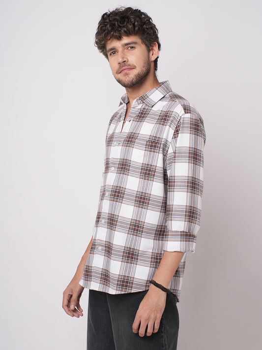 White & Umber Brown Bespoke Checks Shirt