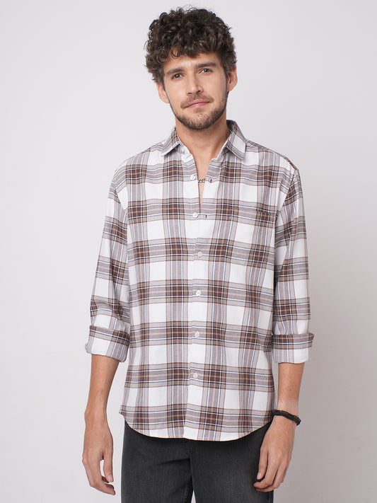 White & Umber Brown Bespoke Checks Shirt