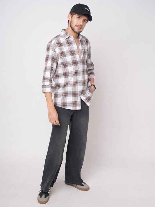 White & Umber Brown Bespoke Checks Shirt