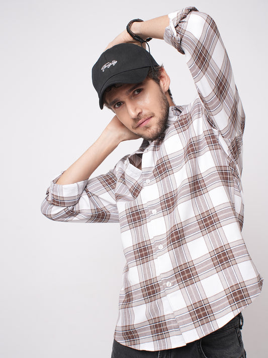 White & Umber Brown Bespoke Checks Shirt