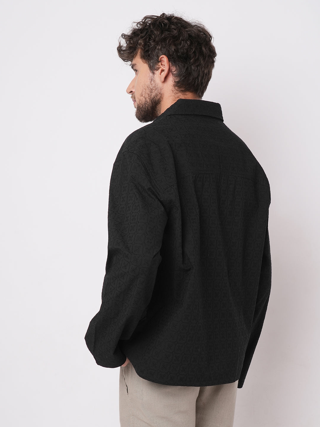 Black Petal Grid Embroidered Polo Neck Oversized Shirt