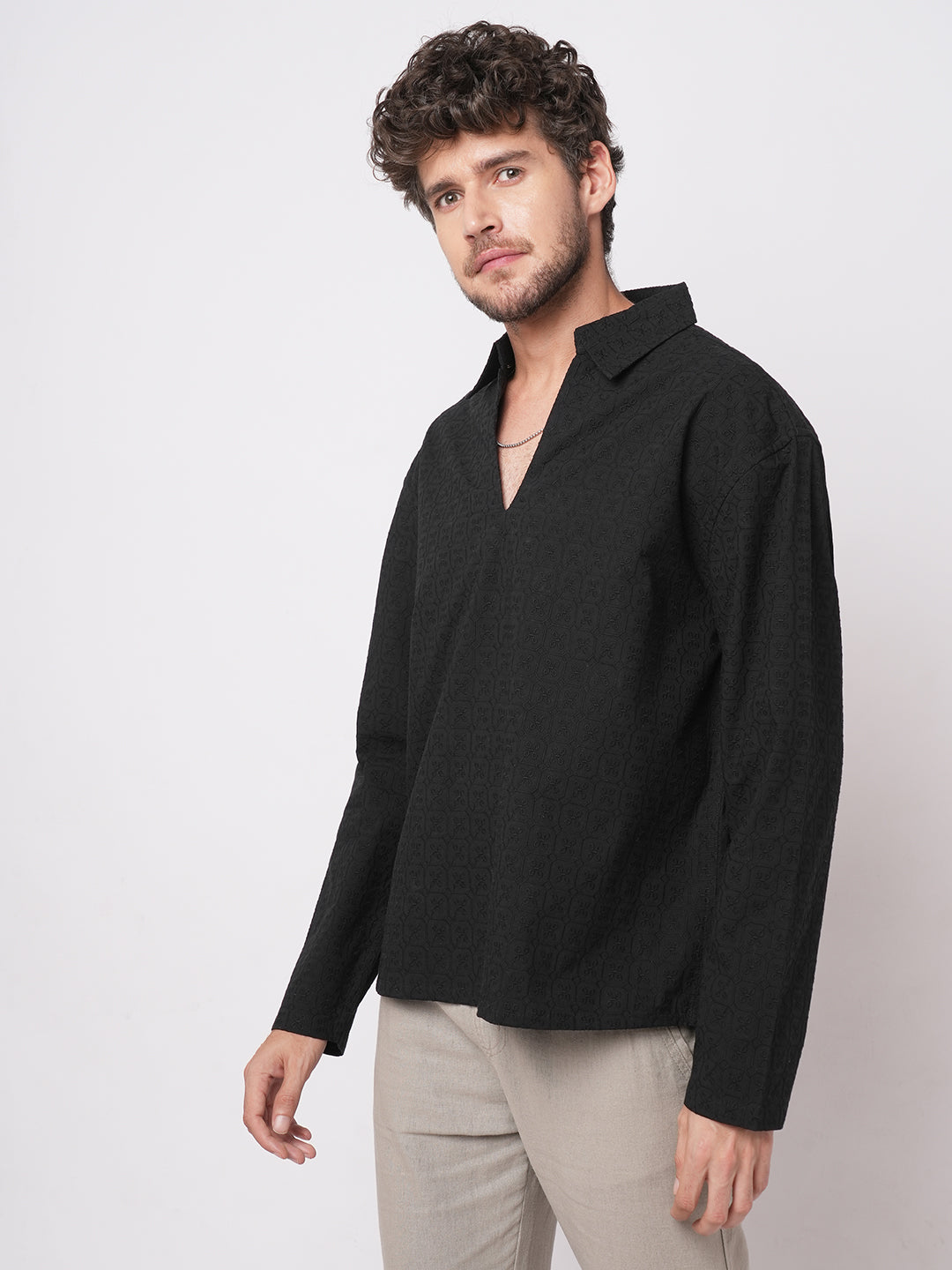 Black Petal Grid Embroidered Polo Neck Oversized Shirt