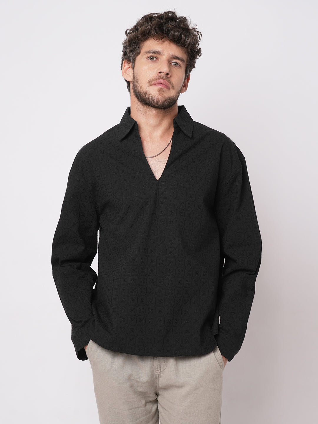 Black Petal Grid Embroidered Polo Neck Oversized Shirt