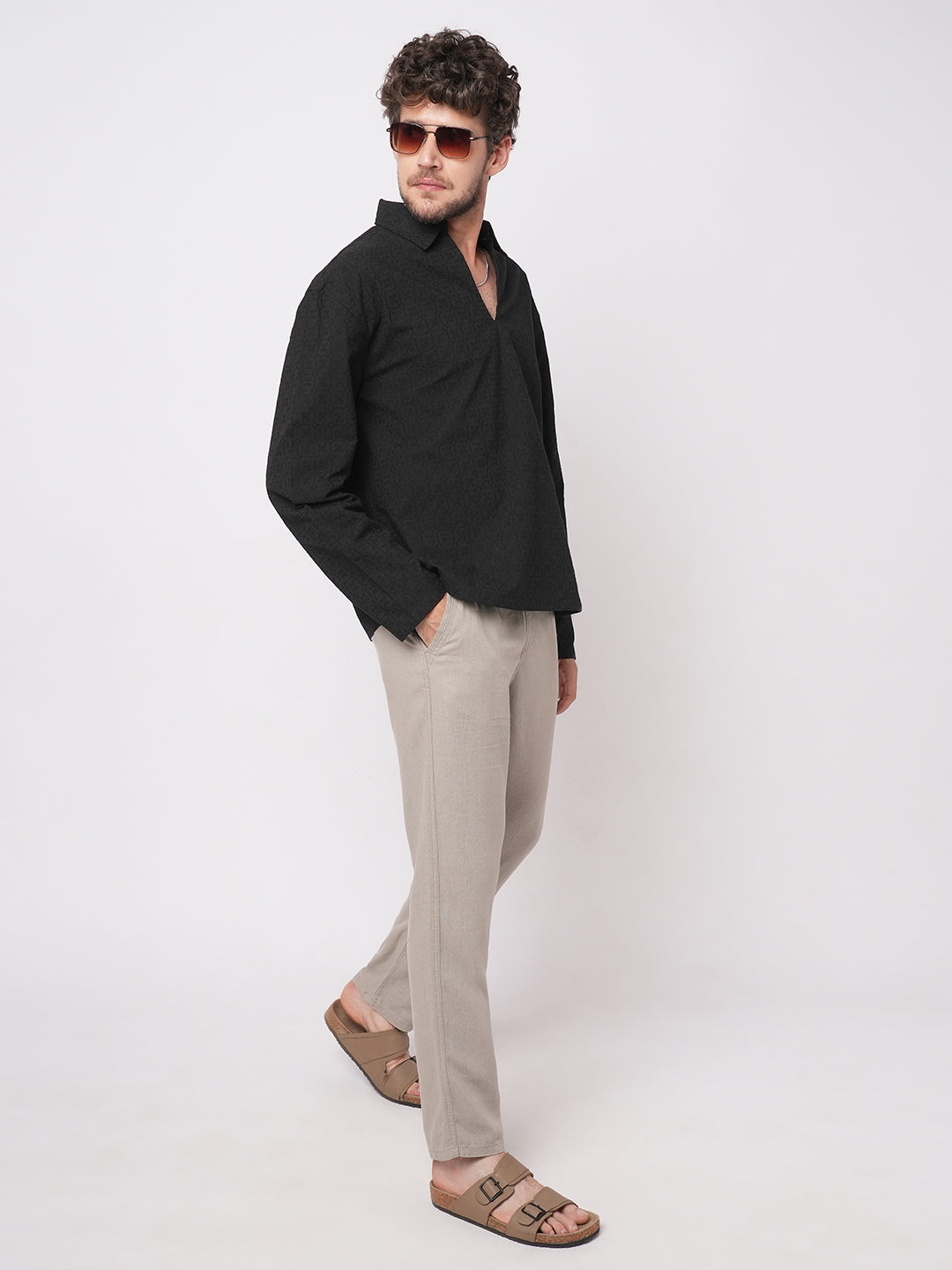 Black Petal Grid Embroidered Polo Neck Oversized Shirt