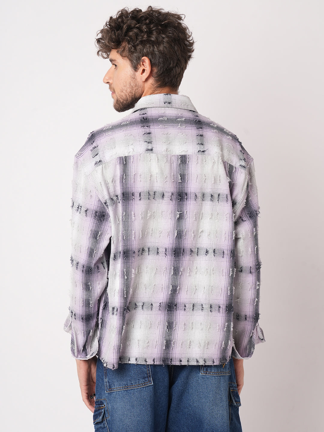 Dusky Lavender Plaid Checks Boxy Fit Frayed Crop Shirt