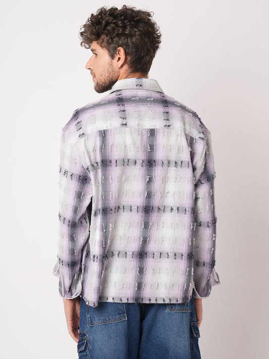 Dusky Lavender Plaid Checks Boxy Fit Frayed Crop Shirt