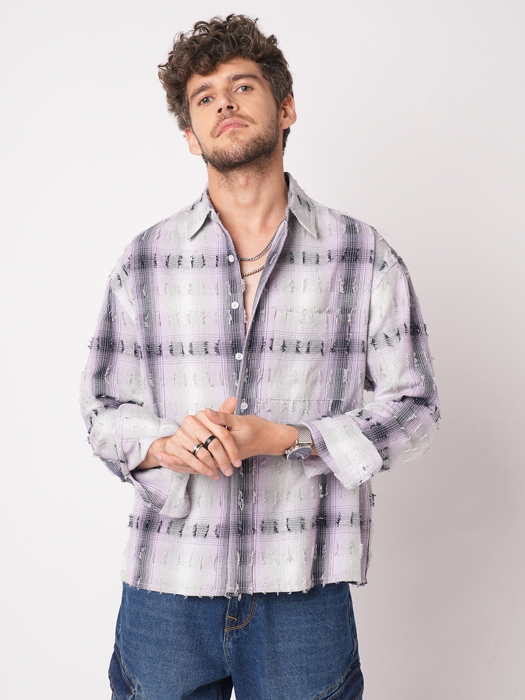 Dusky Lavender Plaid Checks Boxy Fit Frayed Crop Shirt