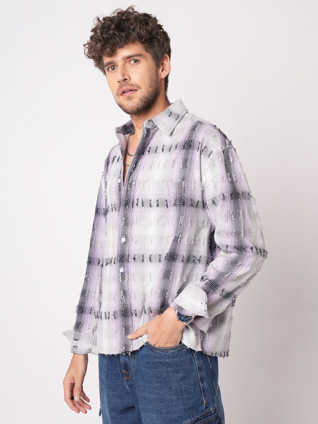 Dusky Lavender Plaid Checks Boxy Fit Frayed Crop Shirt