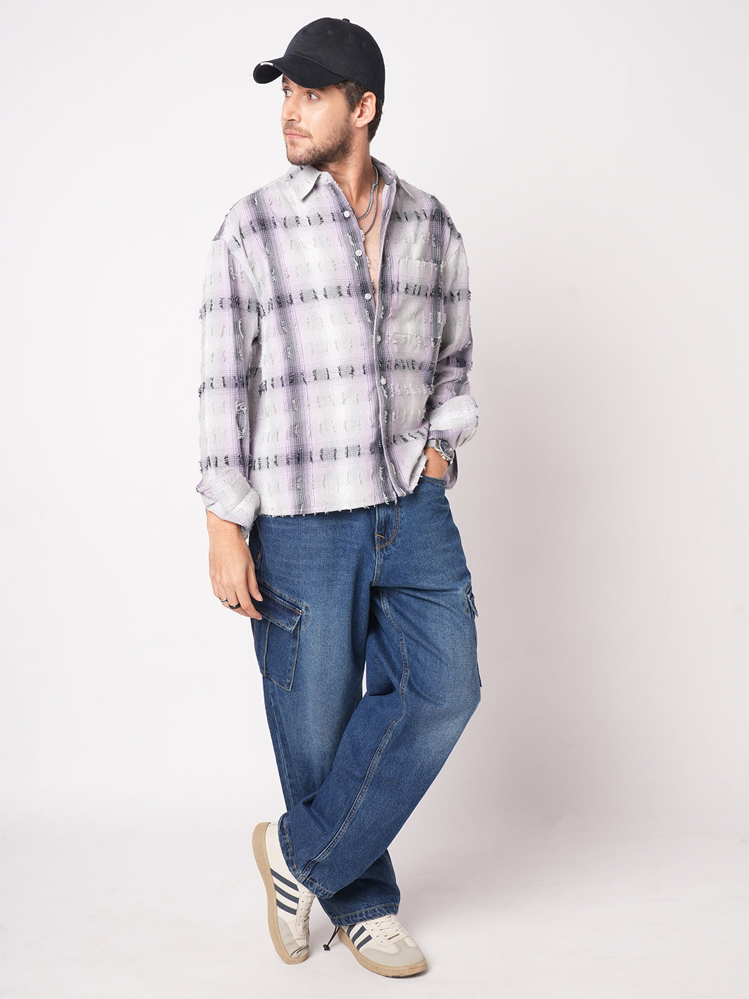 Dusky Lavender Plaid Checks Boxy Fit Frayed Crop Shirt