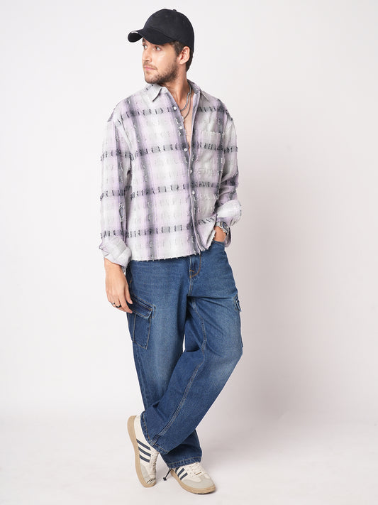 Dusky Lavender Plaid Checks Boxy Fit Frayed Crop Shirt