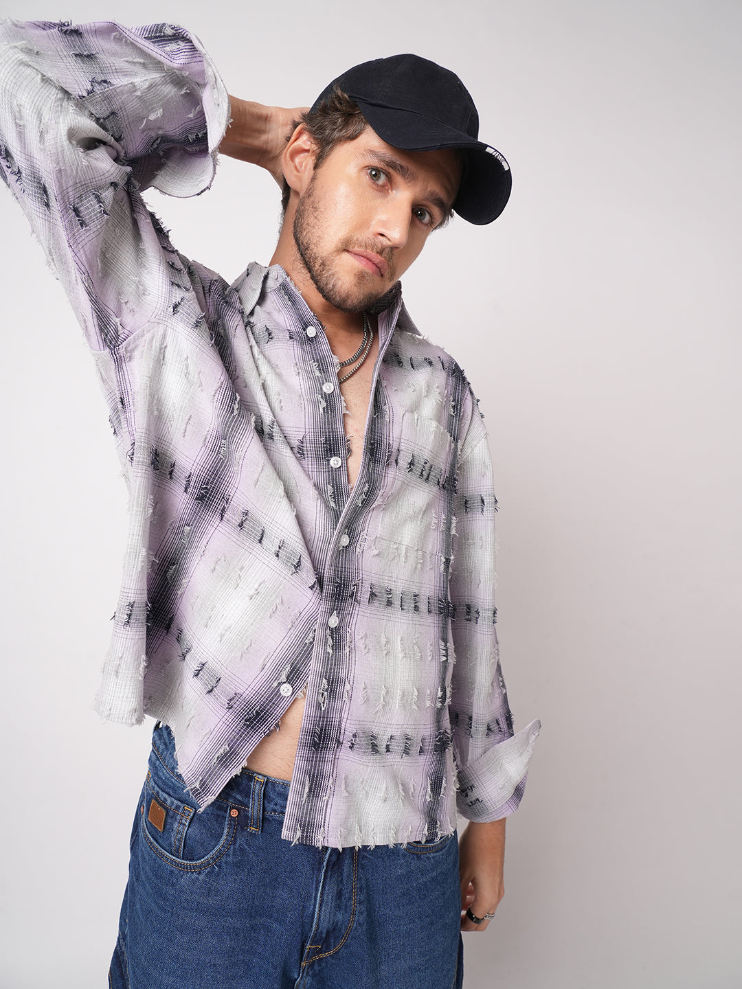 Dusky Lavender Plaid Checks Boxy Fit Frayed Crop Shirt