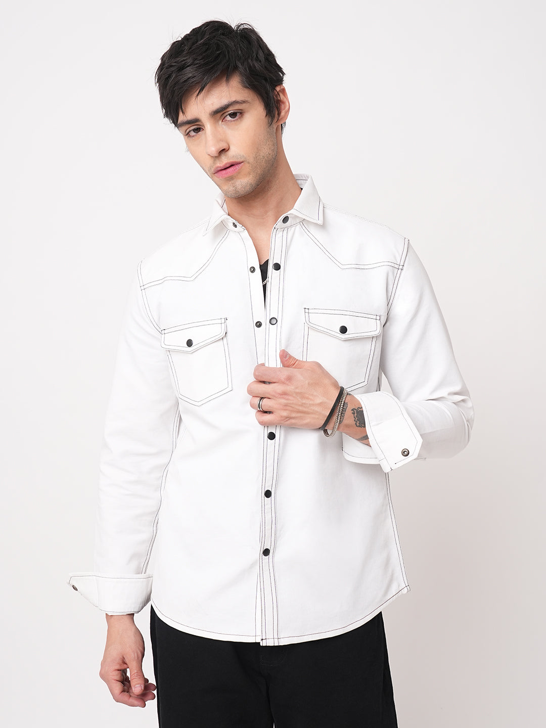 Solid White Double Flap Pocket Overshirt