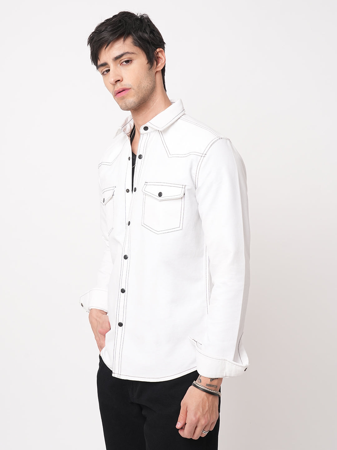 Solid White Double Flap Pocket Overshirt