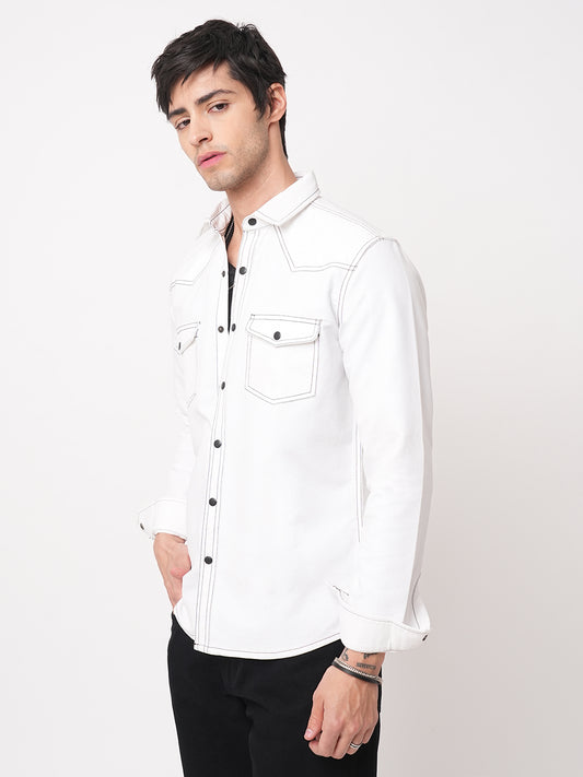 Solid White Double Flap Pocket Overshirt