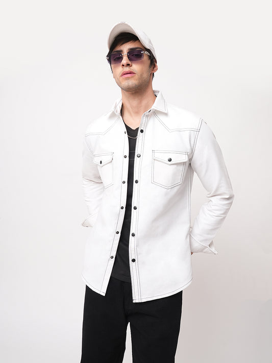 Solid White Double Flap Pocket Overshirt