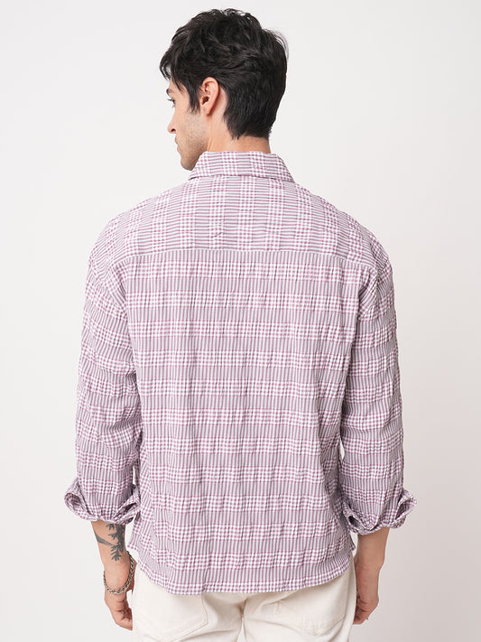 Lilac Seersucker Checks Boxy Fit Crop Shirt